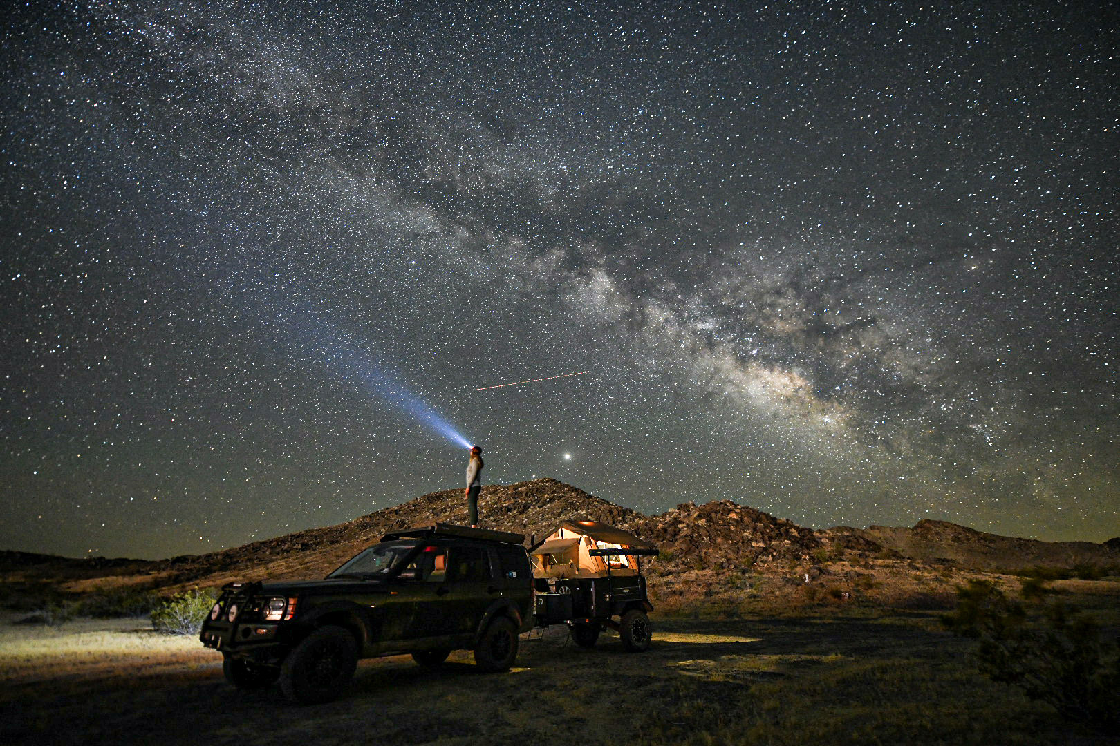 Camp set up under the Milky Way in the desert
